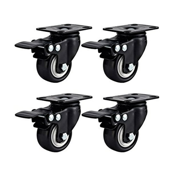 new PU Rubber Base Quite Mute No Noise 360 Degree Rotatable with Top Plate and Brake Bearing Heavy Duty 600 lbs Set of 4 Black 2 Swivel Caster Wheels 